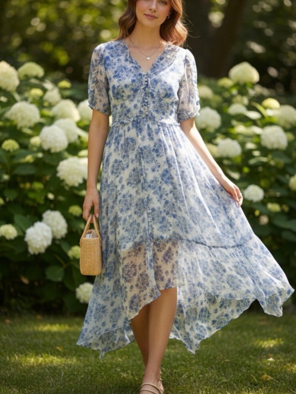 The Kooples Blue Floral High-Low Asymmetrical Lightweight V-Neck Midi Dress US 4